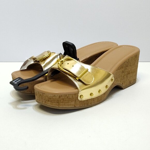 Time and Tru Gold Buckle Cork Wedge Platform Memory Foam Sandals Size 11 NWT - Picture 1 of 9